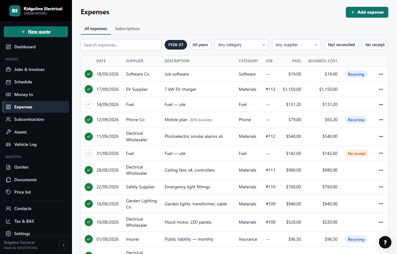 SmokoBooks Expenses list for a sample business, with categories, job numbers, a phone bill at 80% business use, recurring bills and a No receipt flag