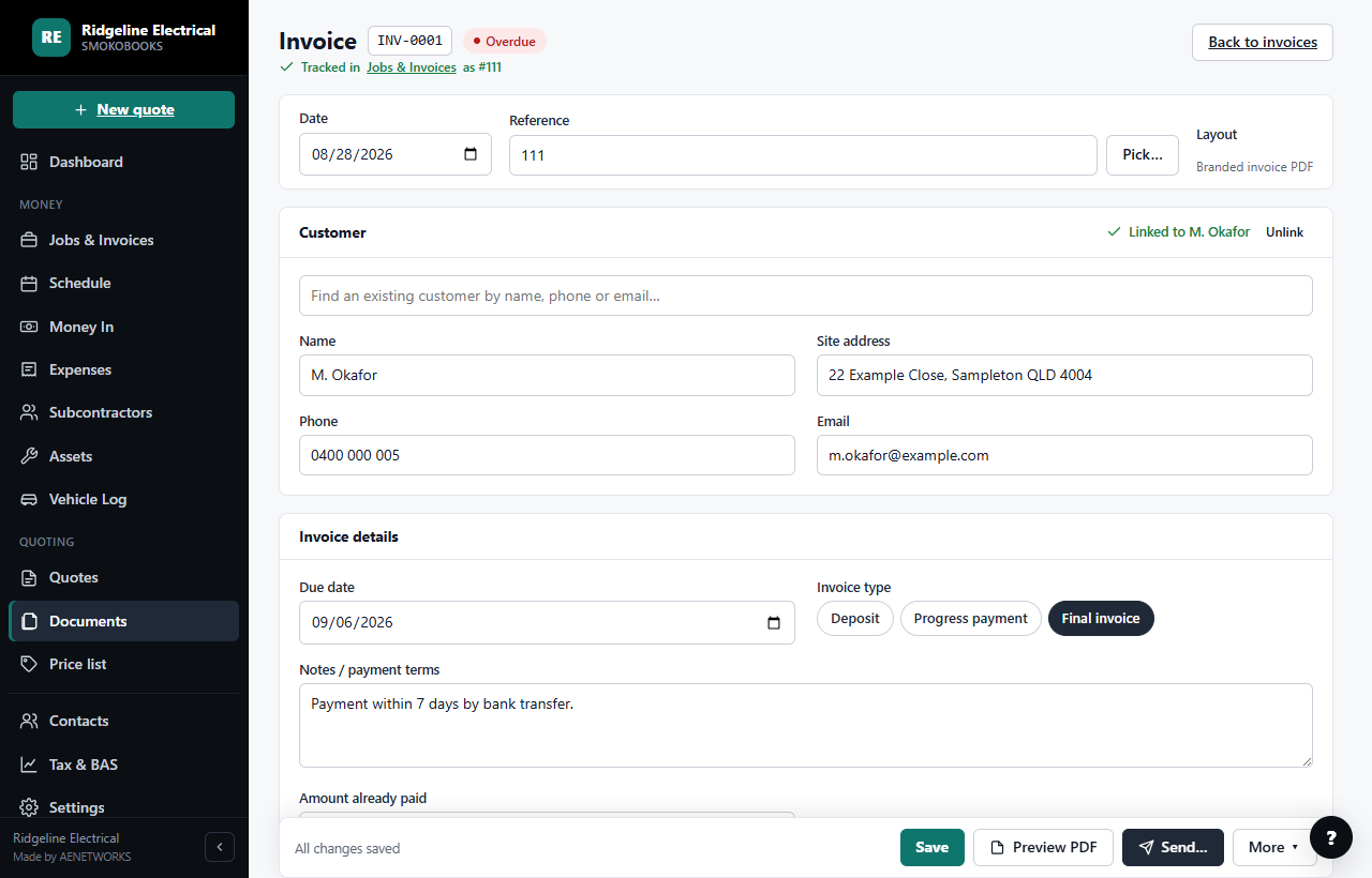 Invoice editor with the due date and deposit, progress payment and final invoice options (sample business)