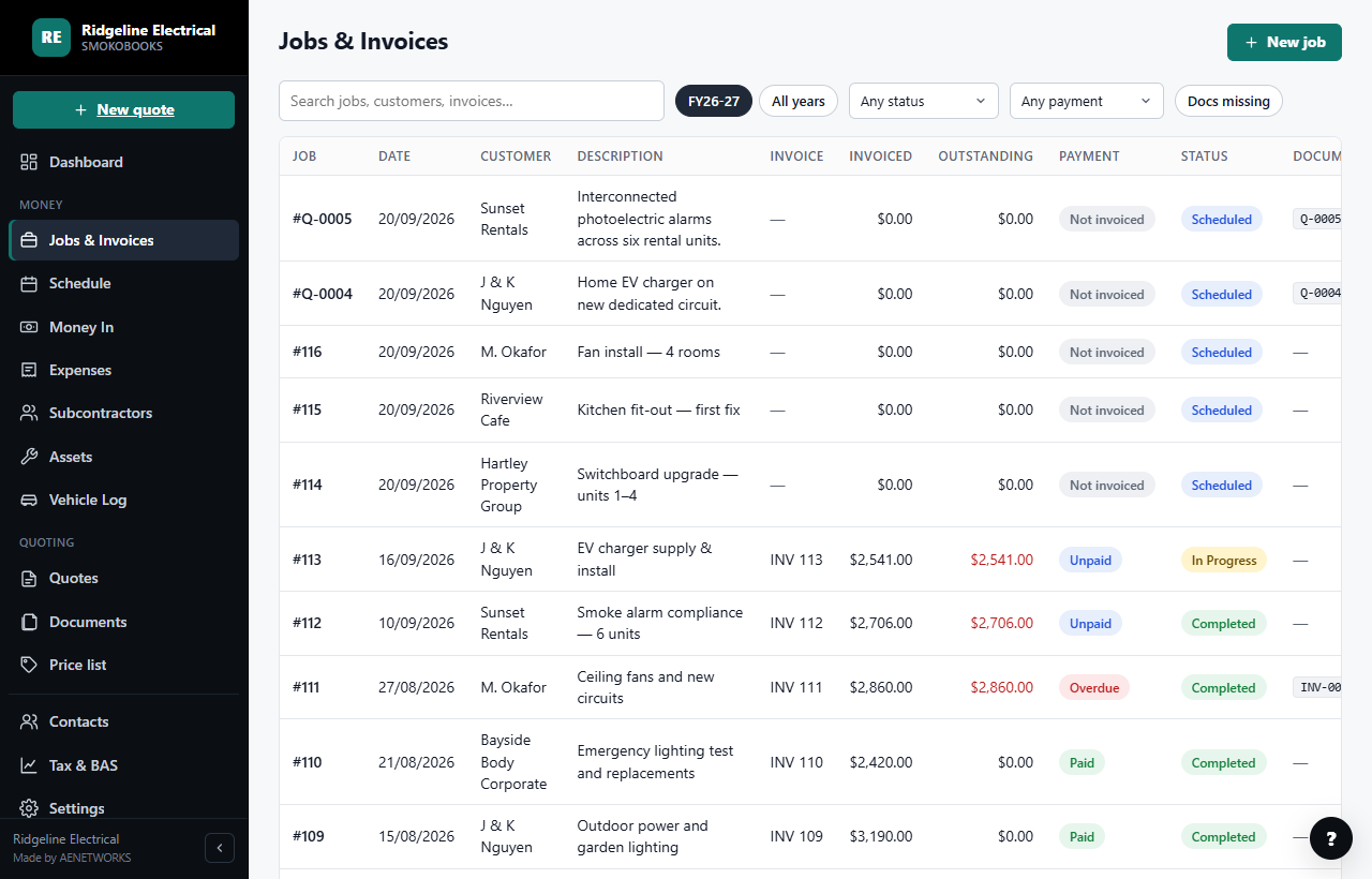 Jobs & Invoices list with each job's invoice, amount outstanding and payment status (sample business)