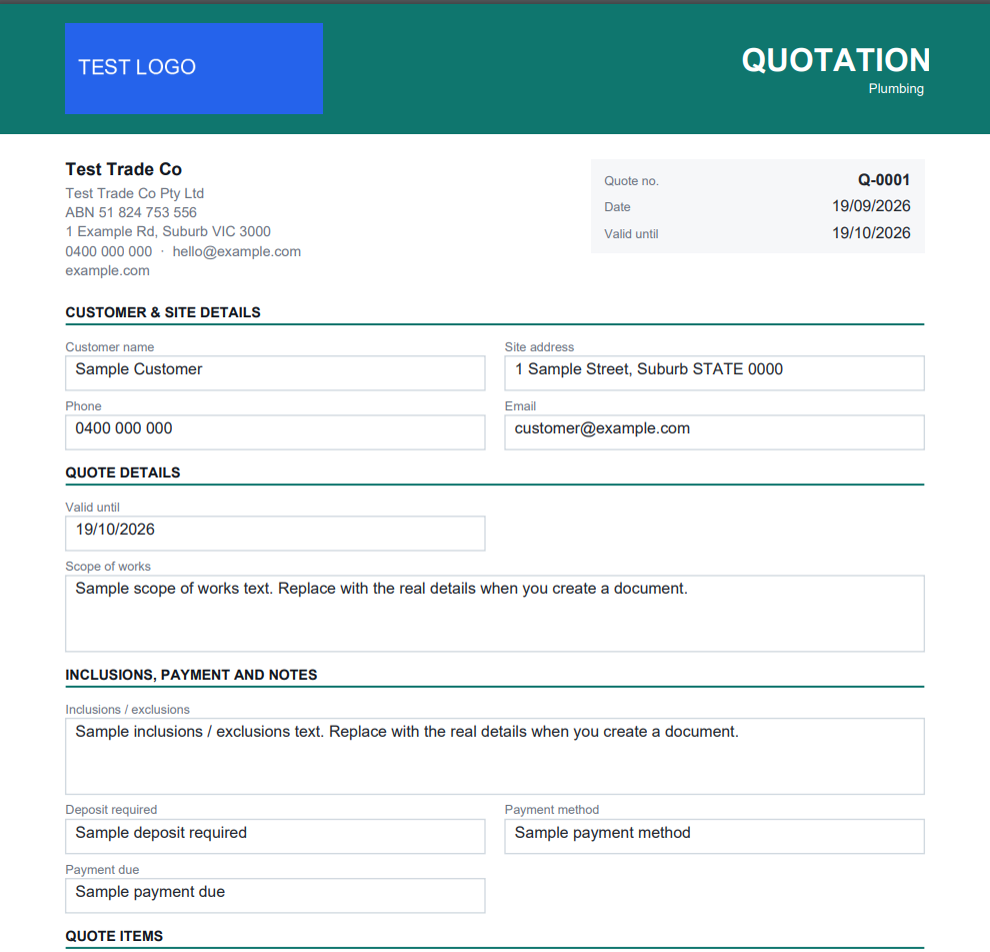 Branded quotation PDF with logo, ABN, customer details and scope of works (sample business)
