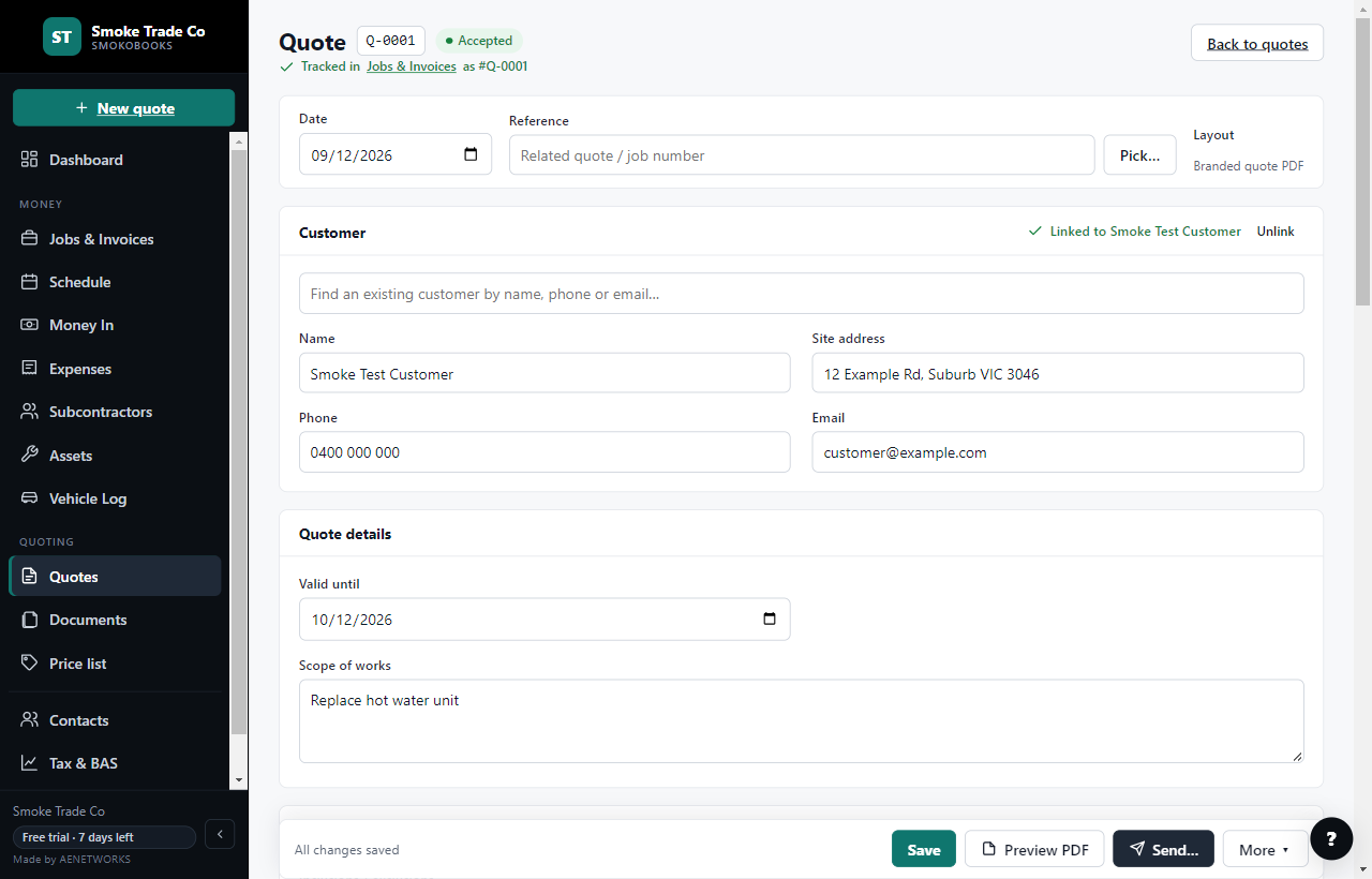 Quote editor with the customer, valid-until date and scope of works (sample business)