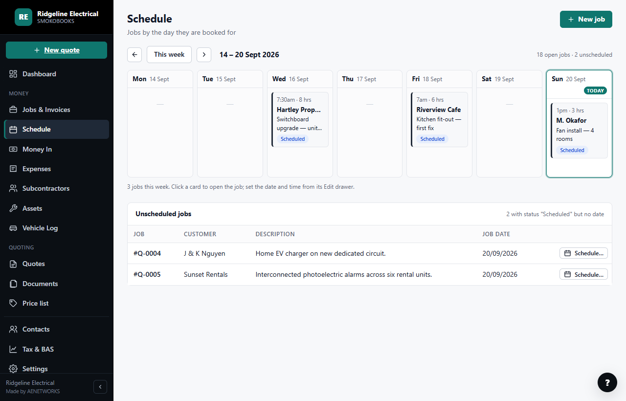 Schedule week view with booked jobs (sample business)